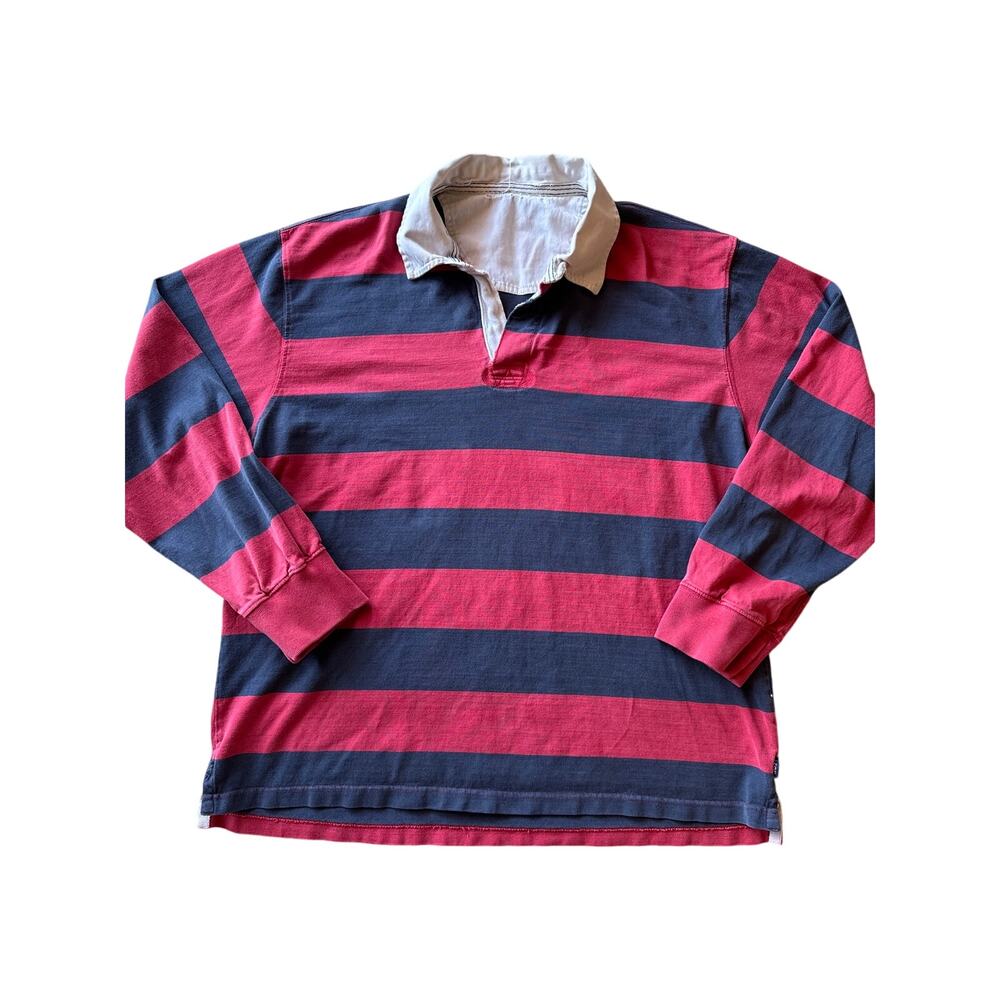 Vintage IZOD Jeans Red Navy Blue Horizontal Striped XL Rugby Shirt White Collar